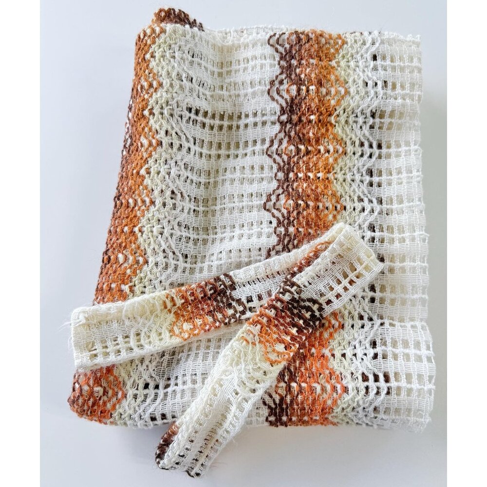 Vintage 70s net curtain, white, orange, rust groovy striped, with tieback
